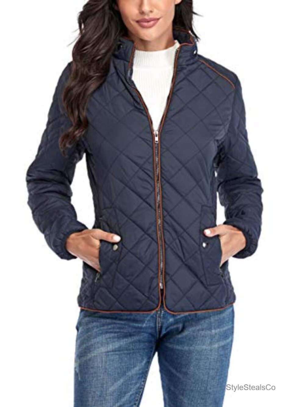 Women's Lightweight Quilted Jacket Stand Collar Zip Winter Warm Coat 2 Pockets